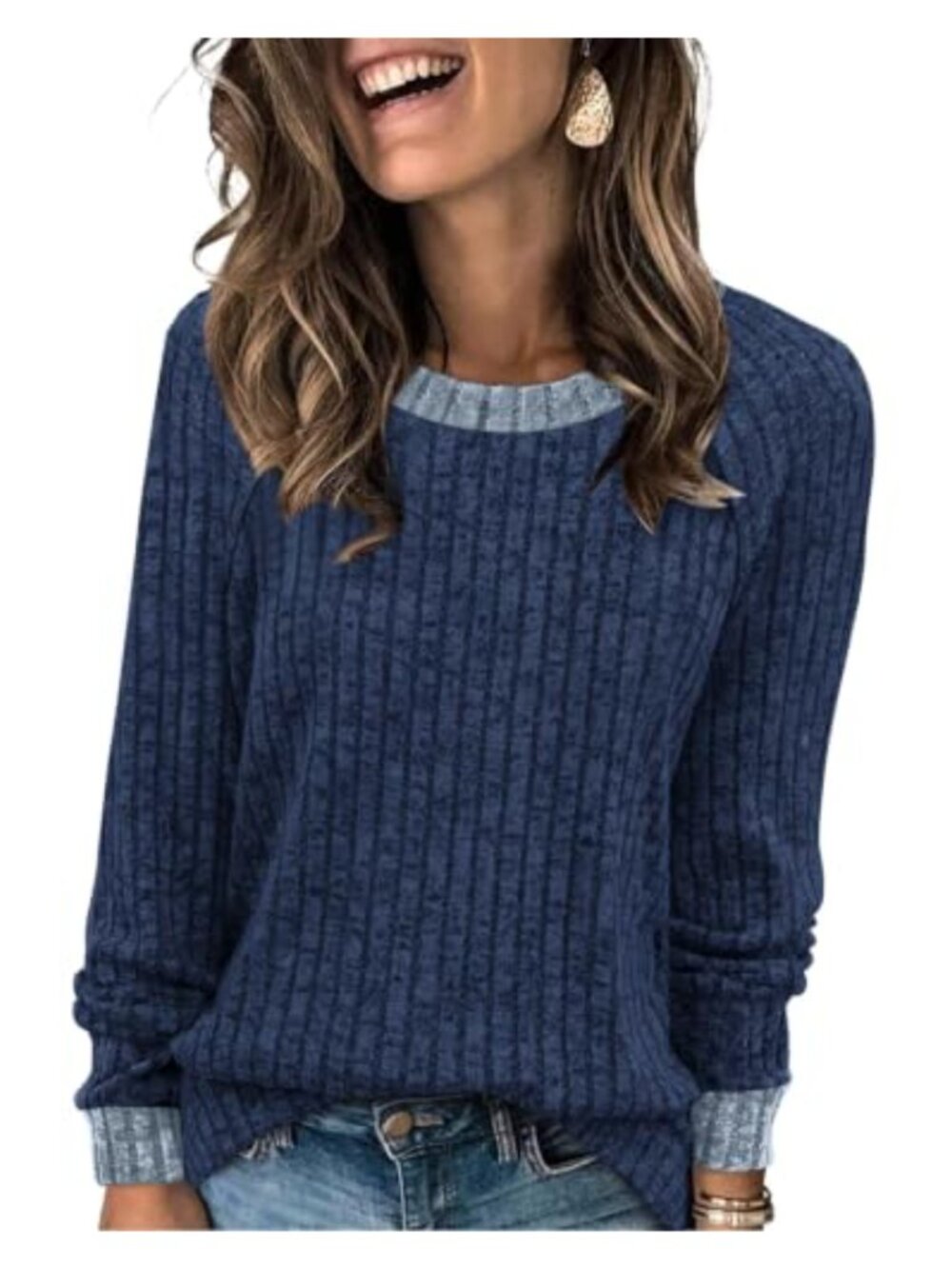 Womens Long Sleeve Color Block Sweatshirt Lightweight Crew Neck Pullover